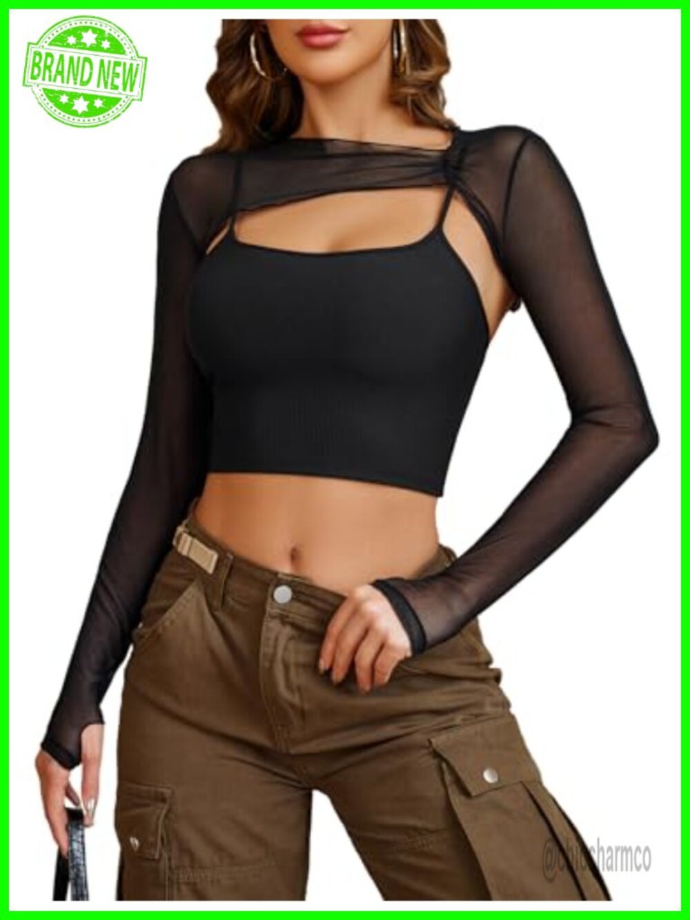 Sheer Mesh Shrug & Cami Top 2 Piece Long Sleeve Thumb Hole Crop Set